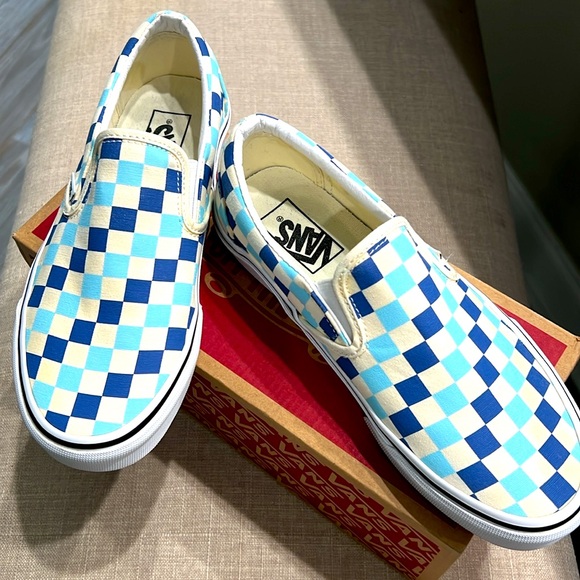 🎁🛹 Vans Slip-On Checkerboard Blue Topaz Sneaker - UNISEX WOMENS 8.0 | MENS 6.5 - Picture 3 of 7